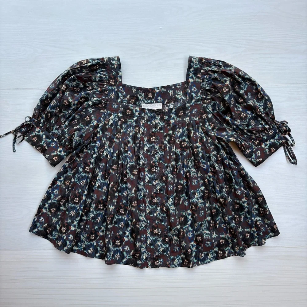 ULLA JOHNSON Lorraine Cobalt Pleated Blouse Floral Silk Top Puff Sleeves Size 6